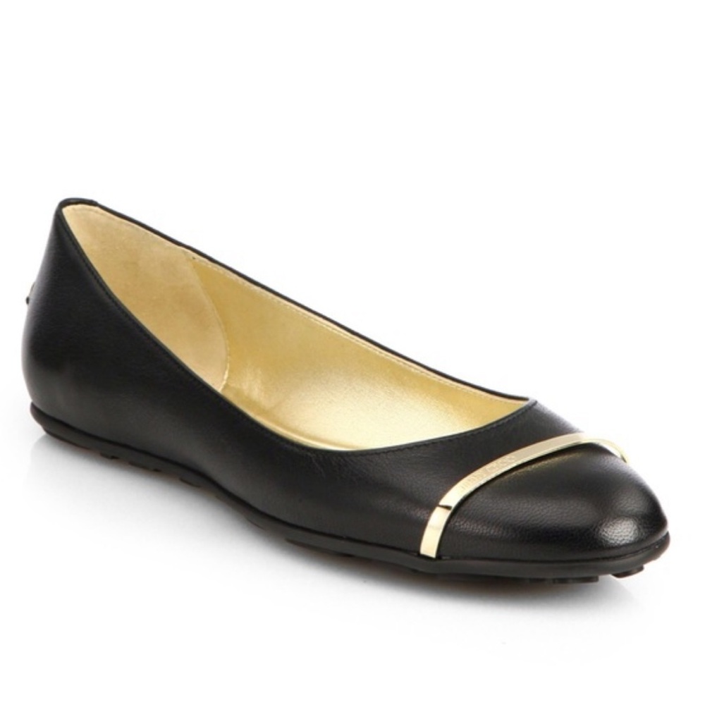 Black Leather Ballet Flat with Gold Accent